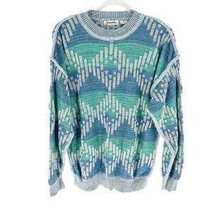 Vintage Savante Sweater Men XL Blue Teal 3D Knit Pullover Biggie Cosby Geometric